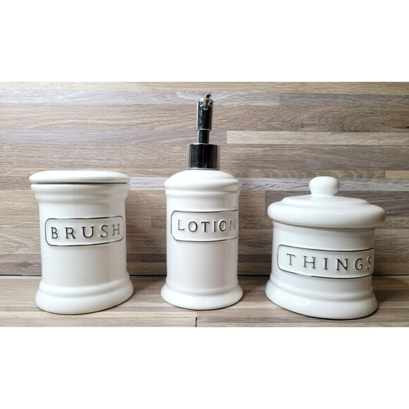 Pottery Barn Ceramic Text Bathroom Set Lotion Toothbrush Holder Canister Retired - Picture 1 of 14